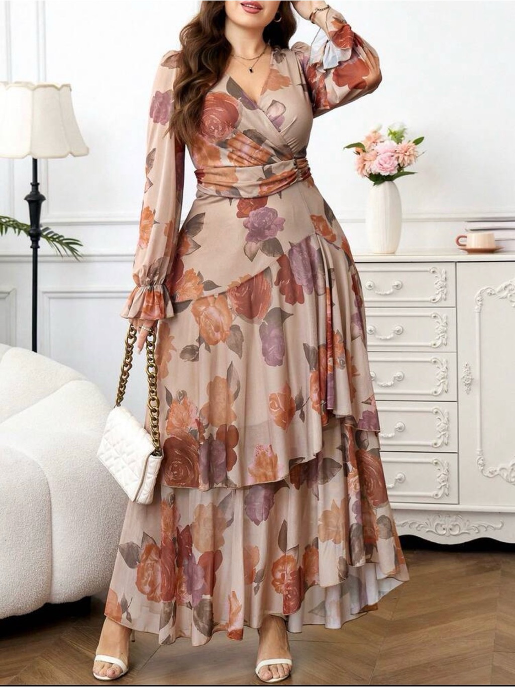Floral Wrap Tiered Maxi Dress In Beige And Rose